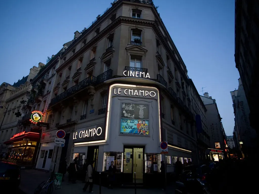The illuminated Le Champo cinema in Paris